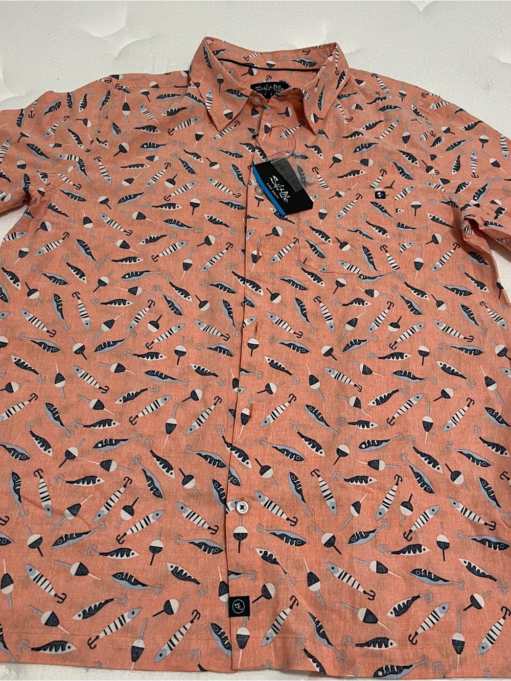 Salt Life Coral Button-Up Shirt with Nautical Lure Print